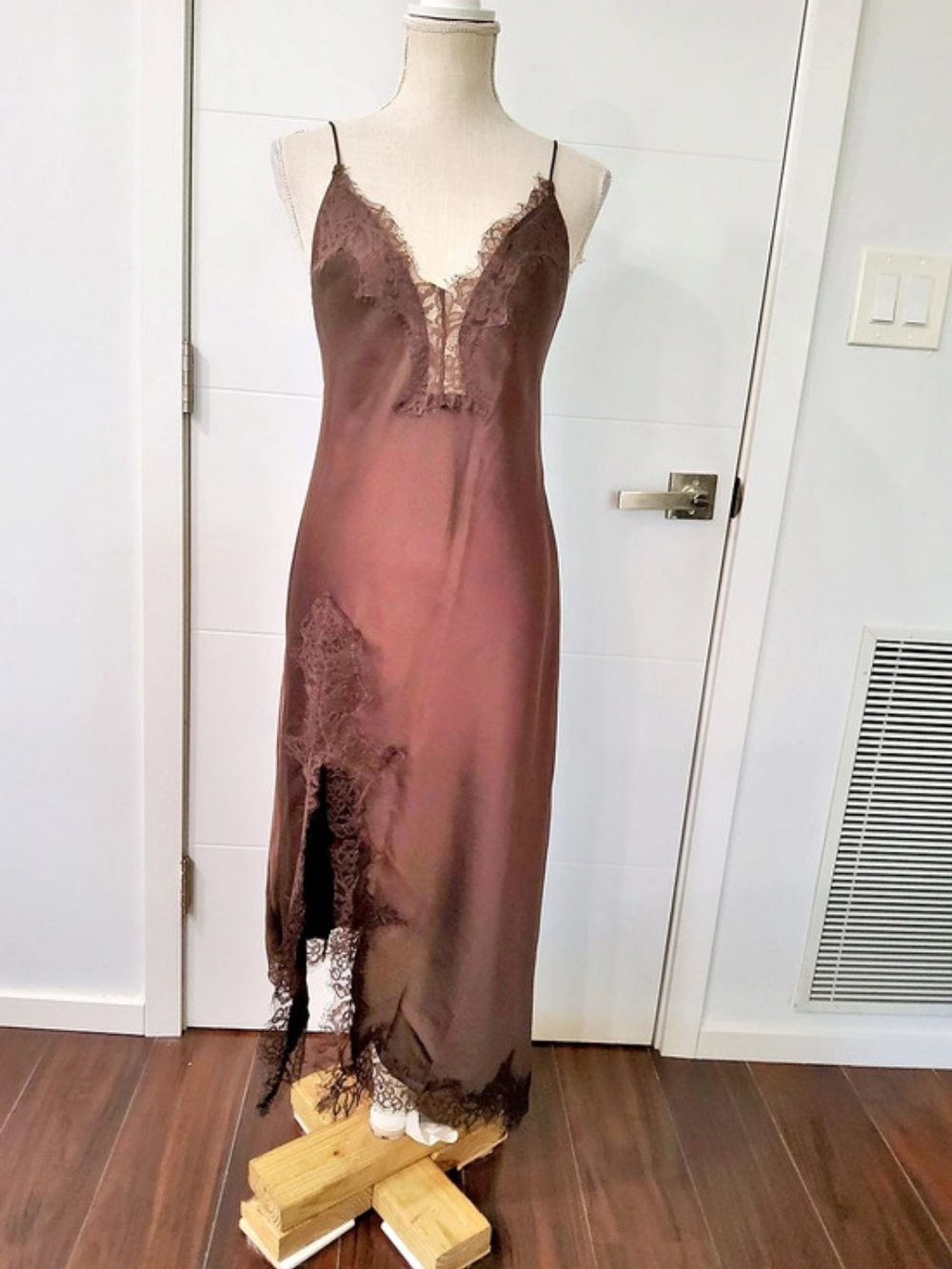 Zara Brown Lace-Trim Satin Slip Dress Size S